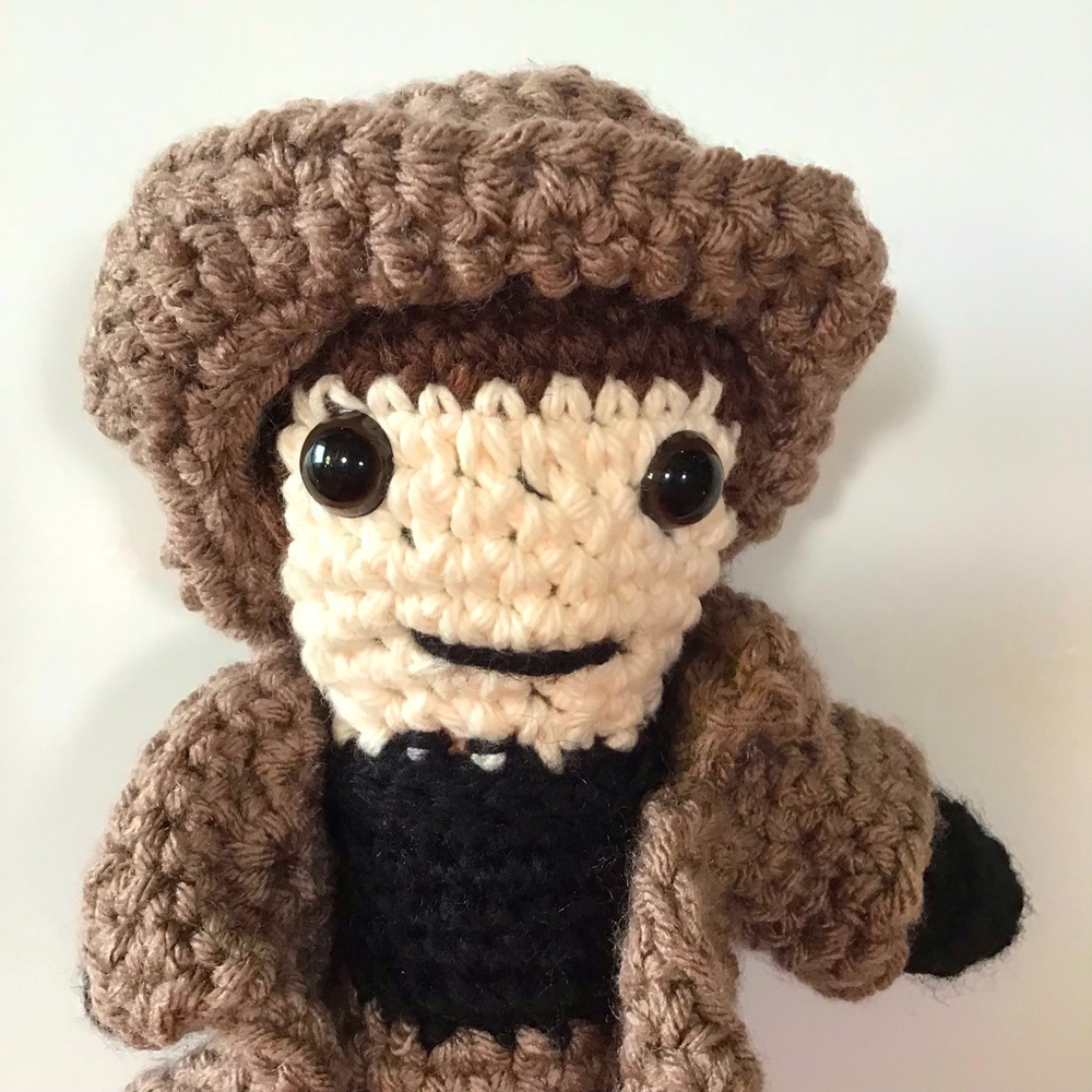 Tom Sawyer Amigurumi Doll Handmade Crochet Brown Black White Removable Hat OOAK